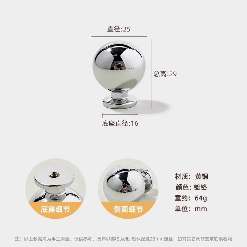Santaya Brass Drawer Round Knobs Chrome Bright Silver Modern Minimalist Dresser Handle Single Hole Ball Kitchen Cabinet Pulls