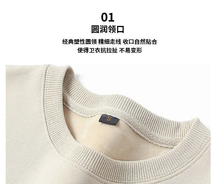 600G Pure Cotton Plush Thickened Sweatshirt Thin Plush Heavyweight Solid Round Neck Sweater Autumn Winter Warm Sweater
