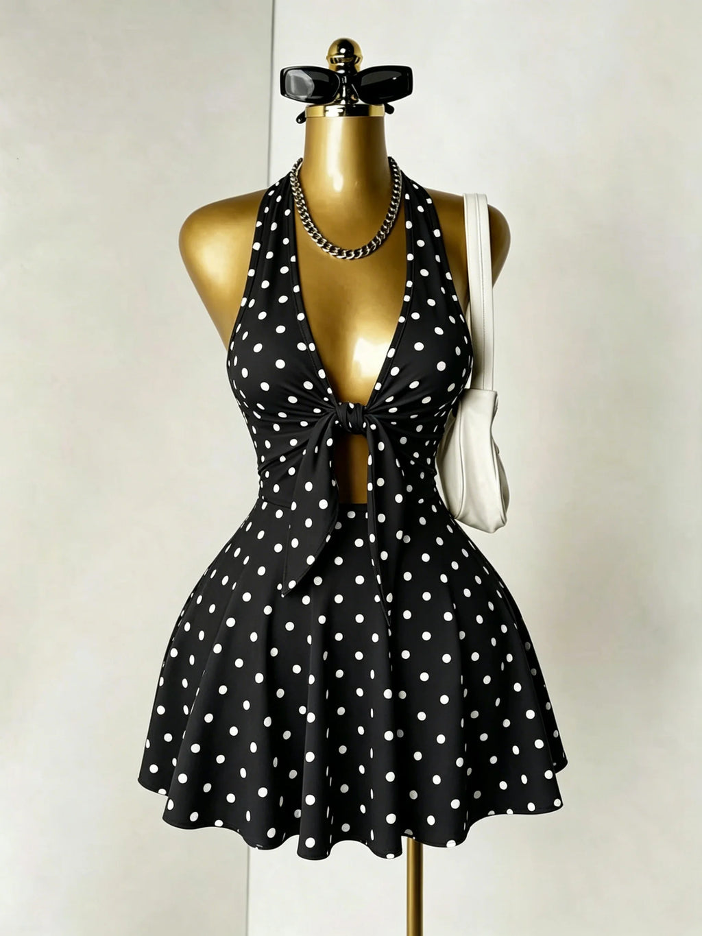 Women Halter Deep V Front Tie Cut Out Mini Dress Summer Y2k Night