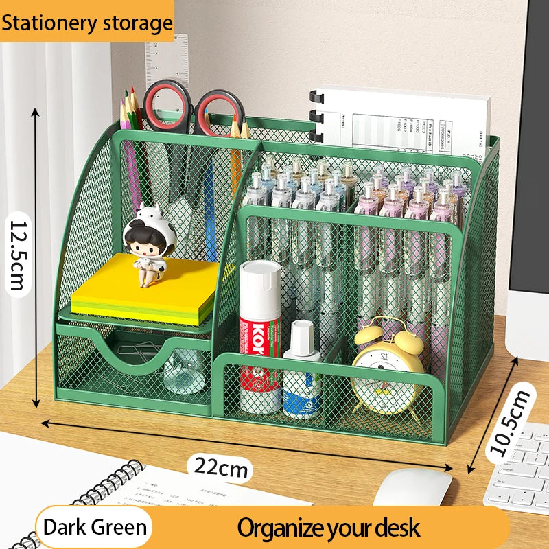 Mesh Desk Organizer Office with 7 Compartments with Drawer Desk Tidy Candy Pen Holder Multifunctional Organizer