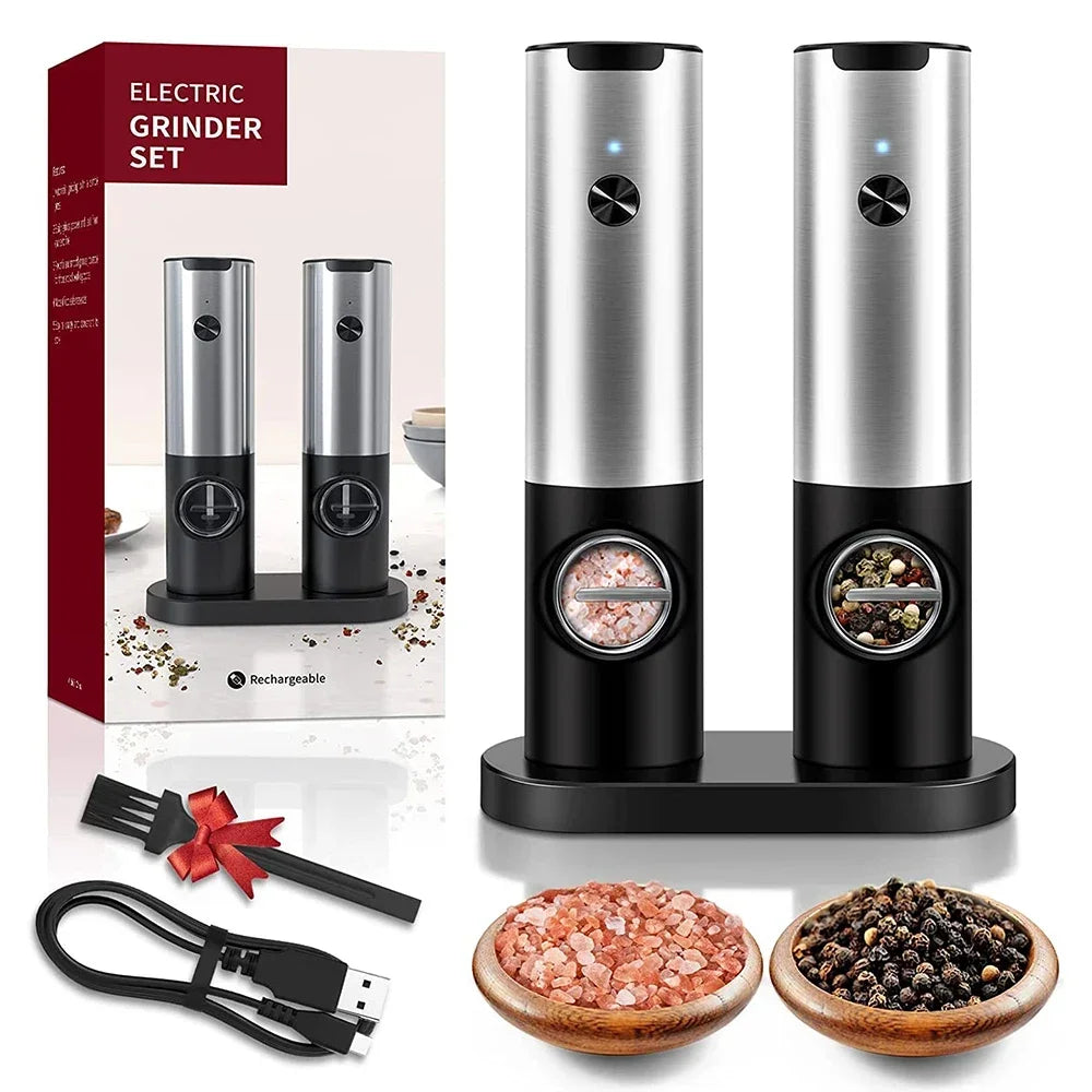 Electric Salt Pepper Grinder Set USB Rechargeable Automatic Spice Mill with LED Light Adjustable Coarseness Kitchen Gadget