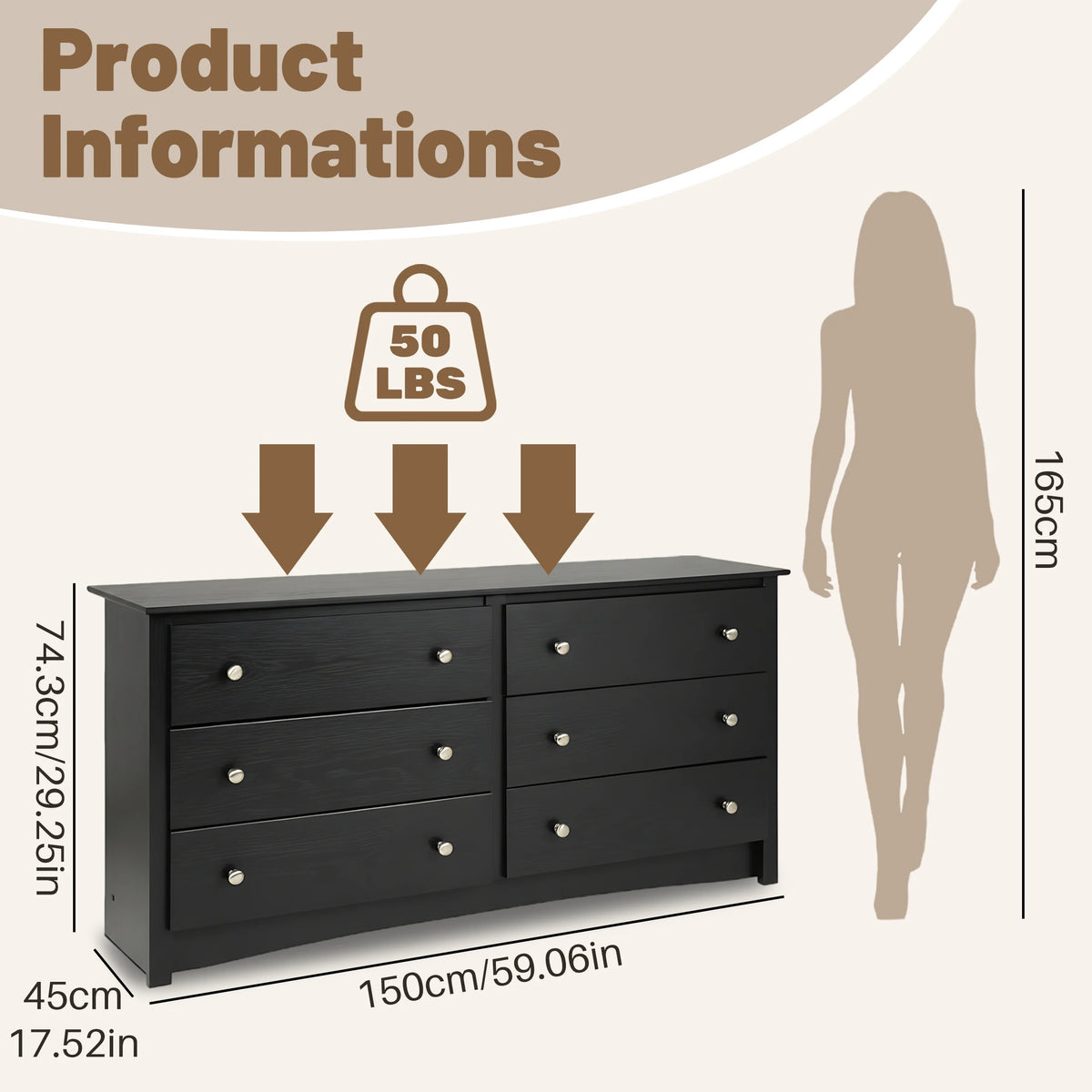 JHK 59IN Wood 6 Dresser Drawers Cabinet for Living