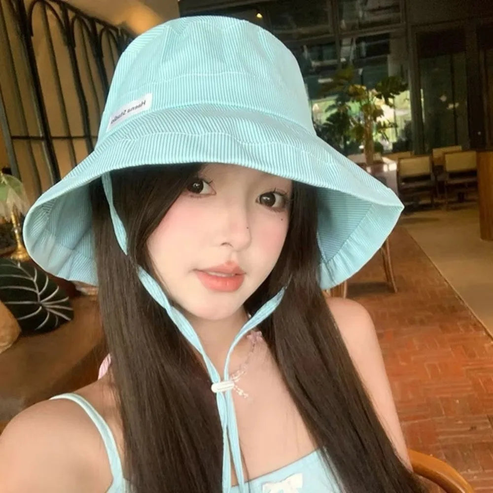 Y2K Wide Brim Fisherman Caps Candy Color with Rope Bucket Hats
