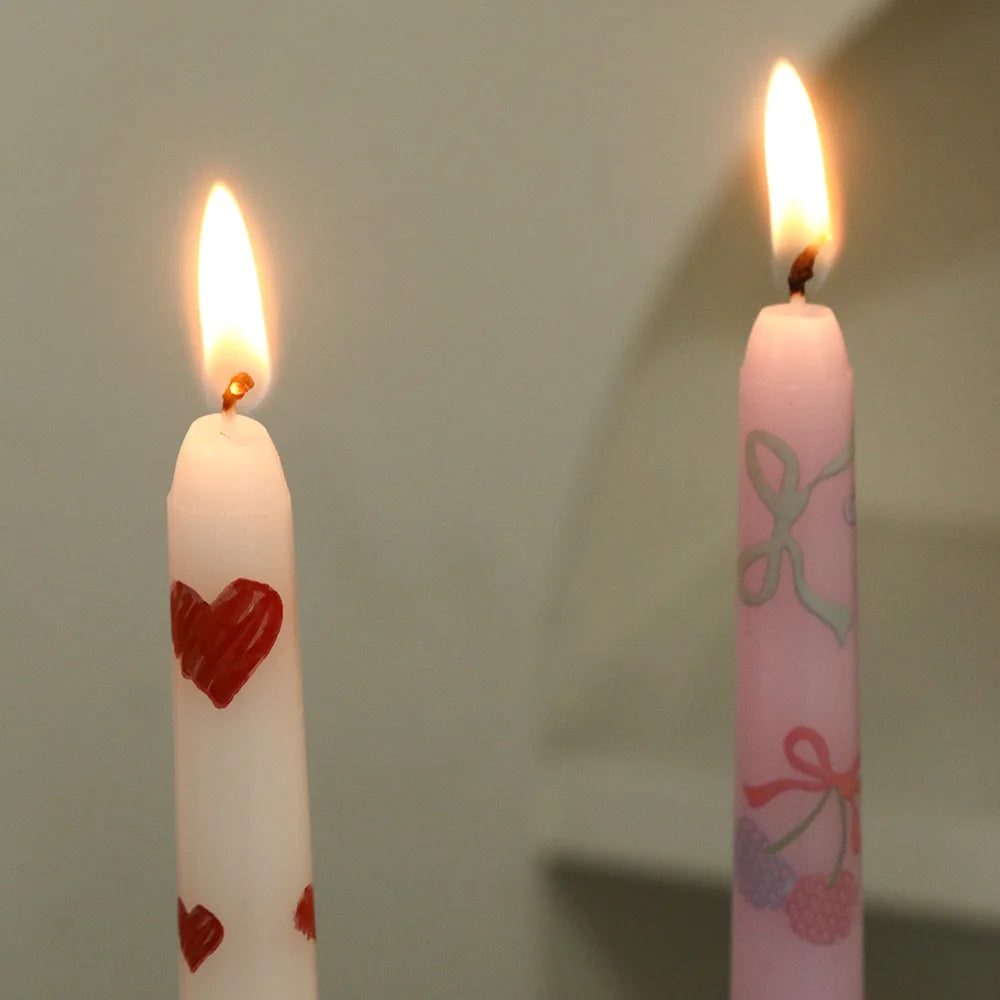 2pcs Colorful Printed Cherry Cone Stick Candles, Smokeless, Romantic, for Weddings, Valentine's Day, Heart-shaped Stick Candles