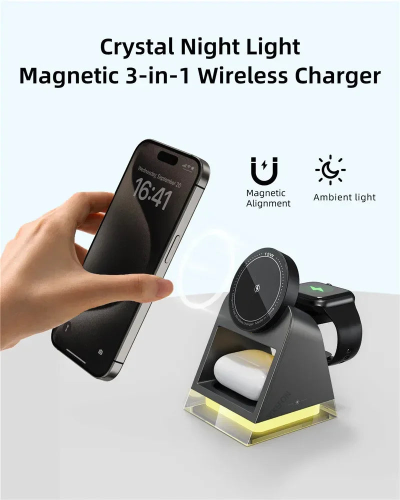 3 in 1 LED Light Magnetic Wireless Charger for iPhone 15 14 13 12 Pro Max iWatch 8 7 Airprods Pro Fast Wireless Charging Station