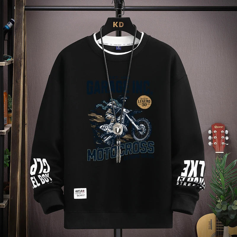 American Autumn Men's Sweatshirt Hoodies Retro Printed Long Sleeve T-shirt Fashion Men's Clothing Black O Neck Harajuku Top New