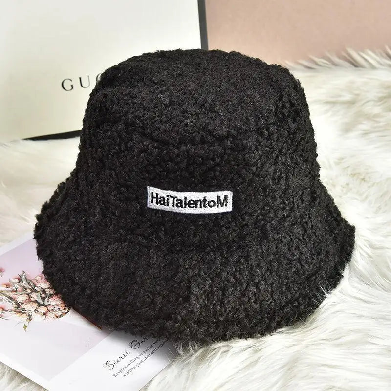 Korean Fisherman Hat Pure Color Warm Embroidered Letter Beanie Plush Light Weight Cap Unisex Casual Bucket Hat