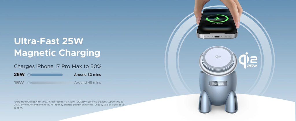 UGREEN Magflow Qi2.2 25W Magnetic Wireless Charger 2 in 1 Innovative Rocket -Style For iPhone 17 16 Pro Max Fast Charging