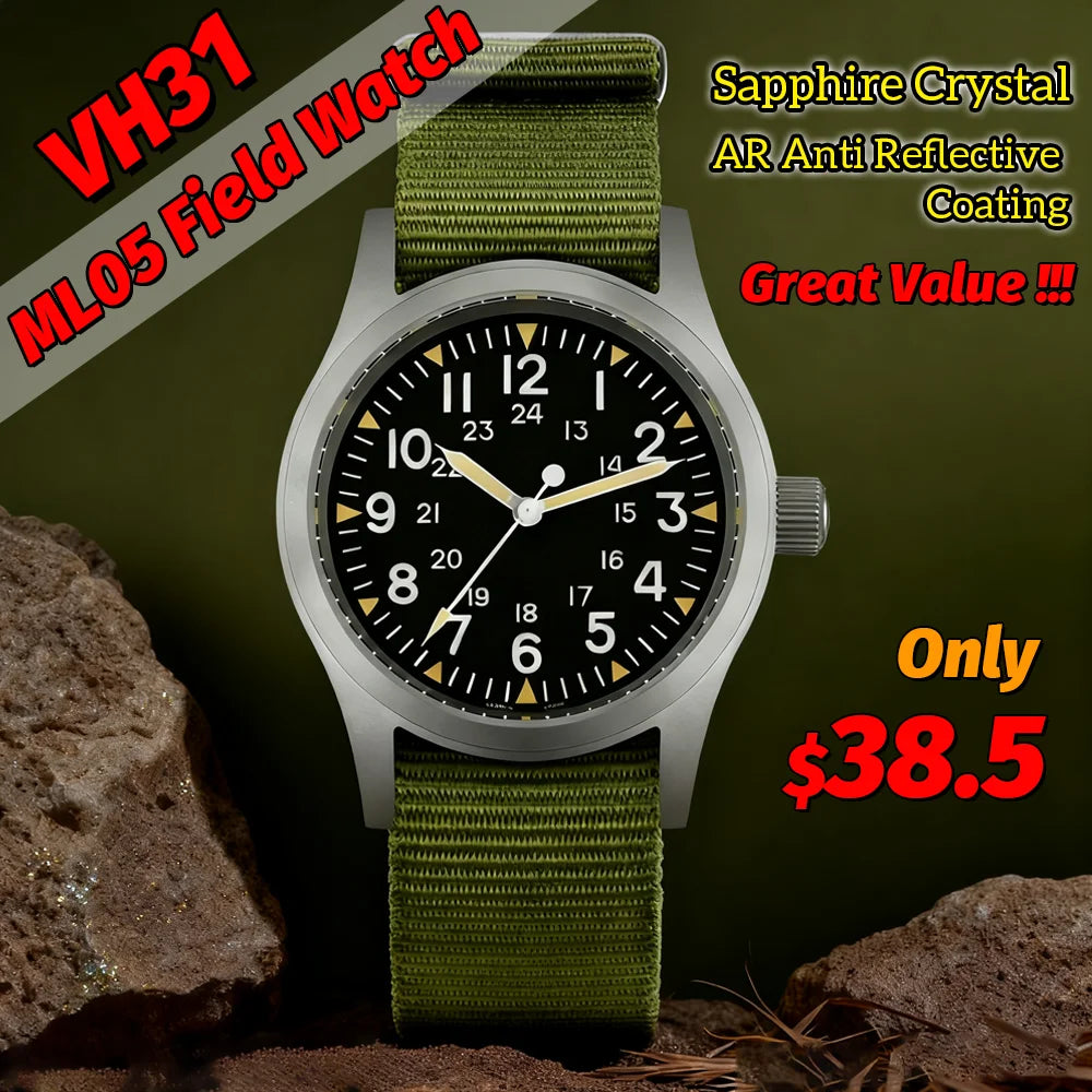 Militado Ml05 Vintage Field Watch VH31 Sweep Second Quartz