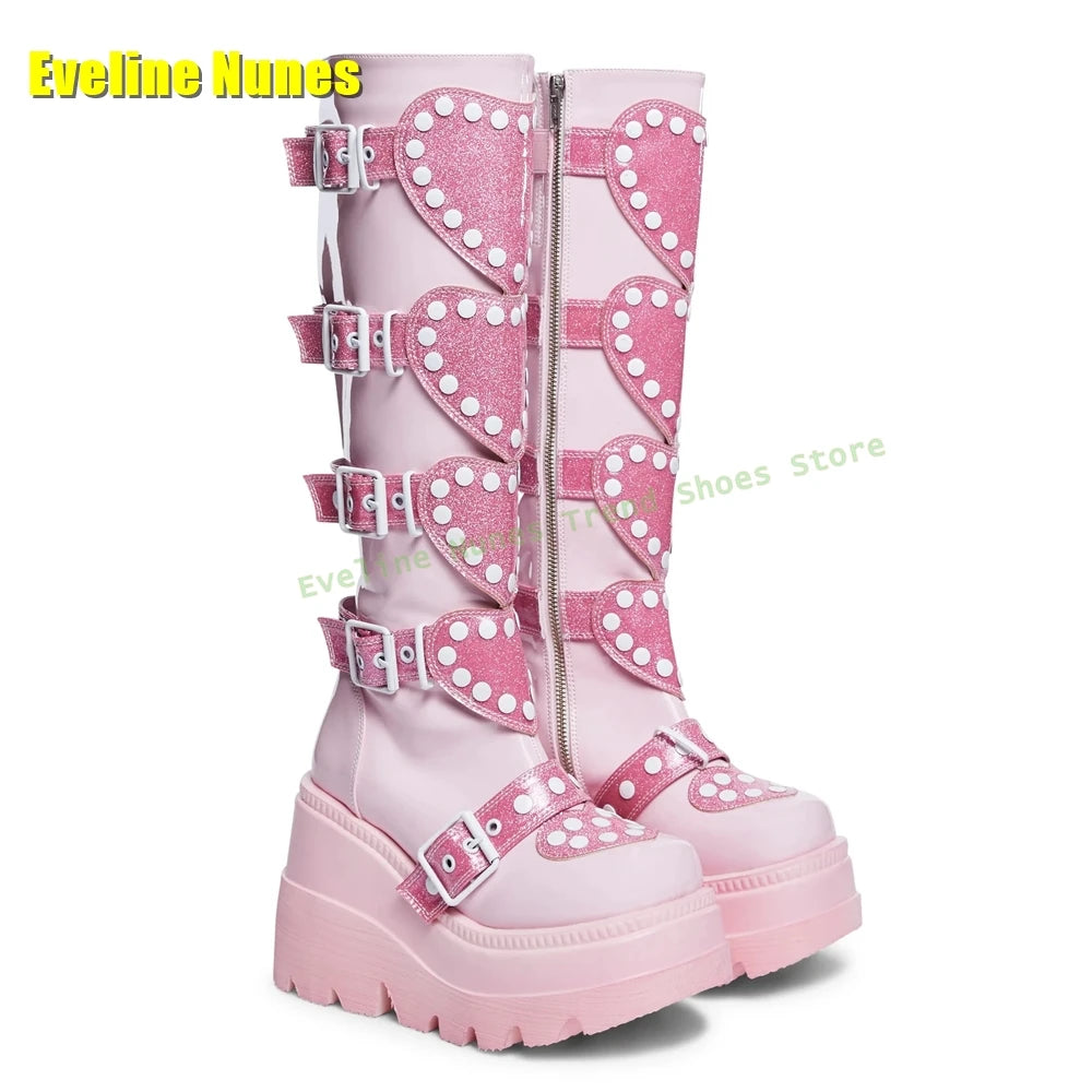 Heart Platform Wedge Knee High Boots Pink Round Toe Thick Sole