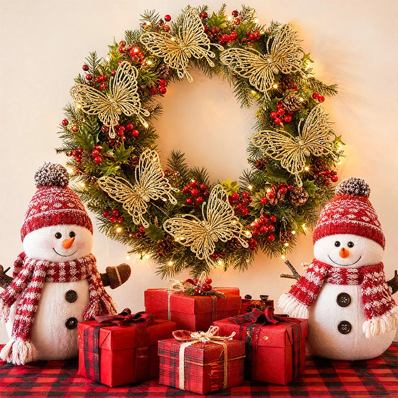 8/16Pcs Christmas Decoration Butterfly Ornaments Glitter Xmas Tree Pendant Navidad Home New Year 2026 Decor Wreath Supplies