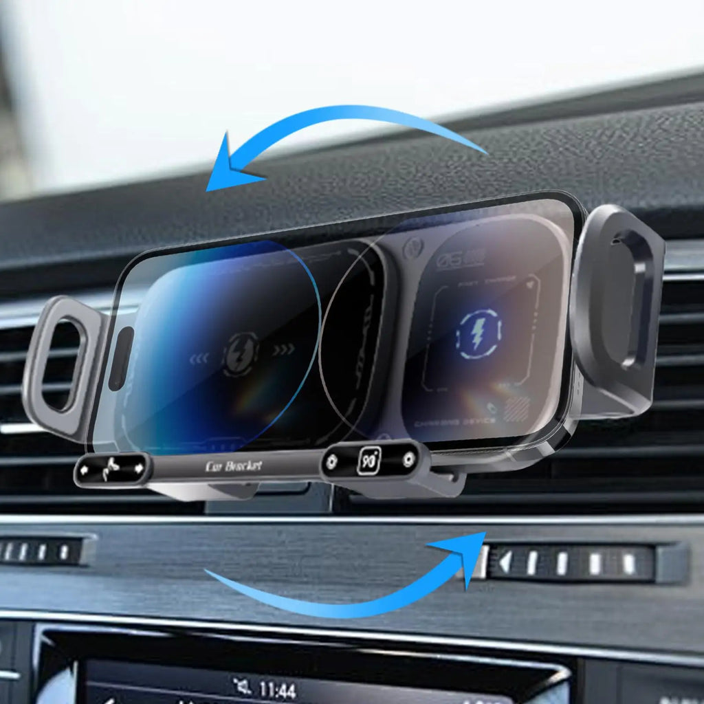 2 in 1 Car Air Vent Wireless Charger Phone Holder 15W Fast Charge Double Coil Mount for iPhone Foldable Phone Tablet Navigation