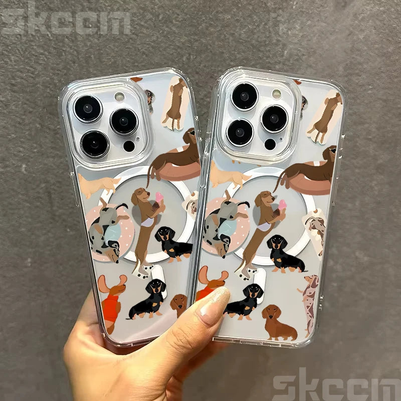 Cute Dachshund Bulldog Pattern Magnetic Phone Case For iPhone 17 16 15 14 13 12 11 Pro Max 16E X XS XR Clear Hard Cover
