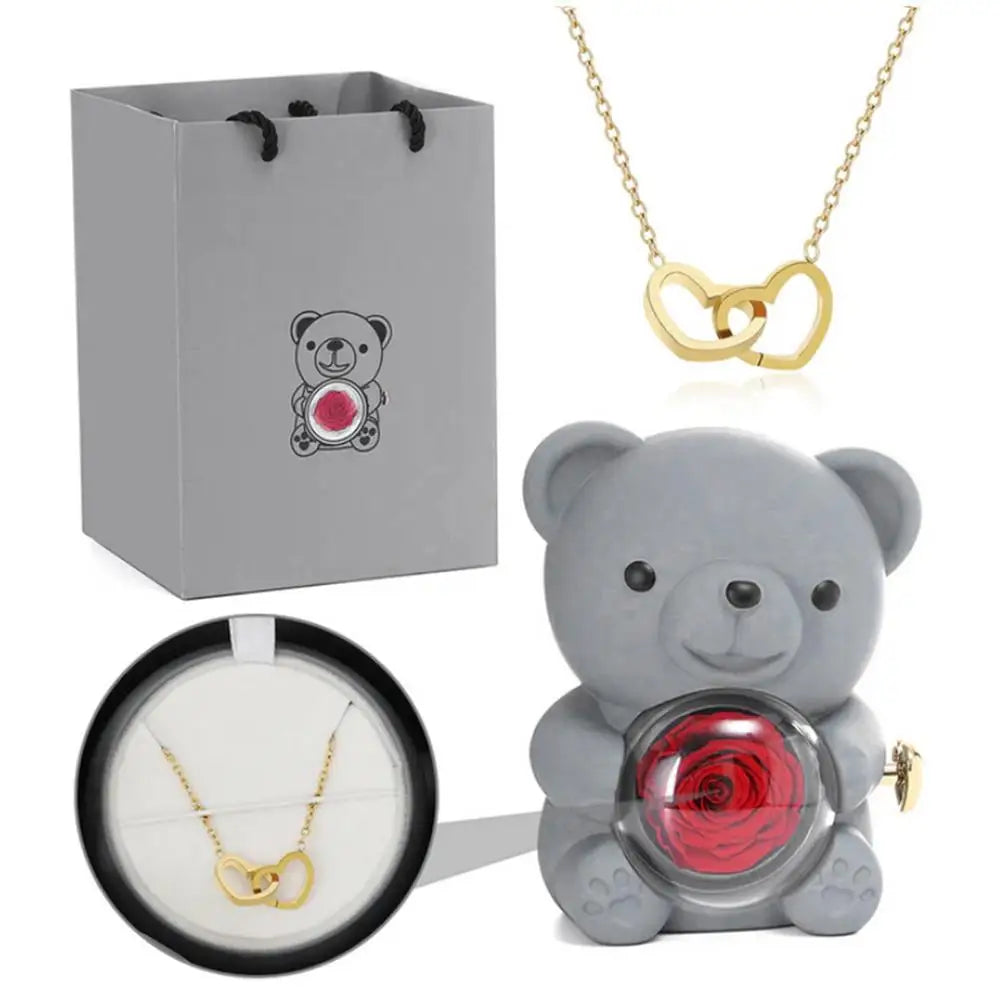 Bear Necklace Case Romantic Bear and Rose Jewelry Box Hug Bear Decoration Necklace Box Rose and Rotating Bear Case with Double