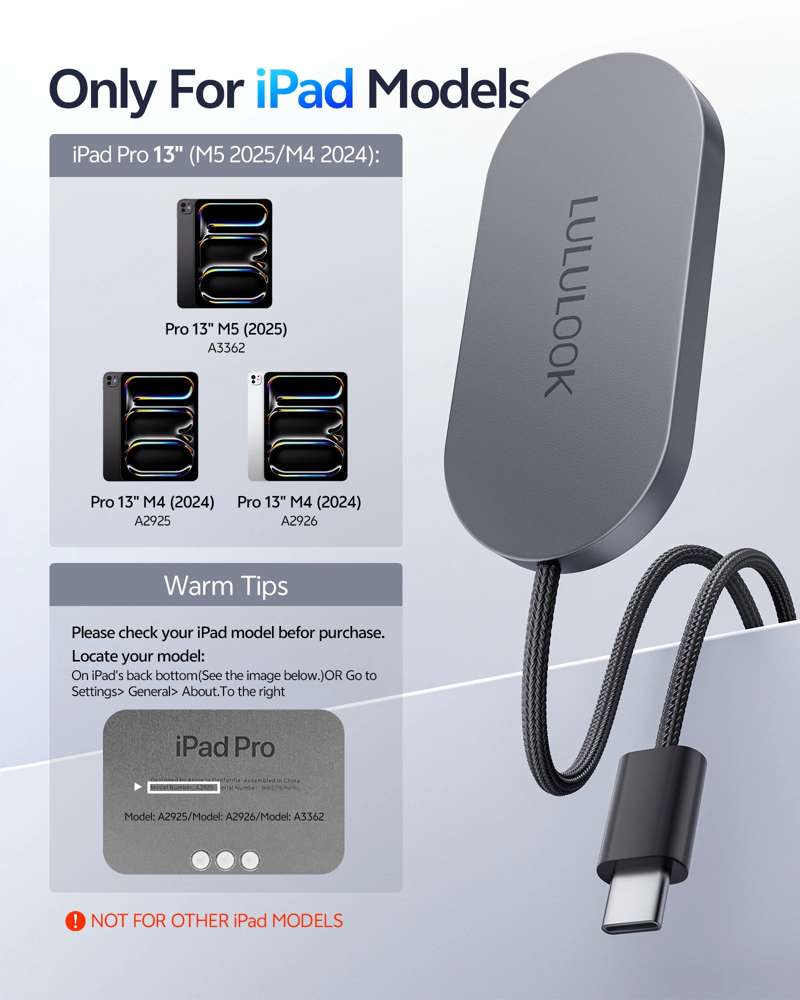 LULULOOK Magnetic Wireless Charger for iPad Pro/Air, 35W Aluminum Alloy Fast Charing with 6.5ft USB-C Cable Smart ipad Charger