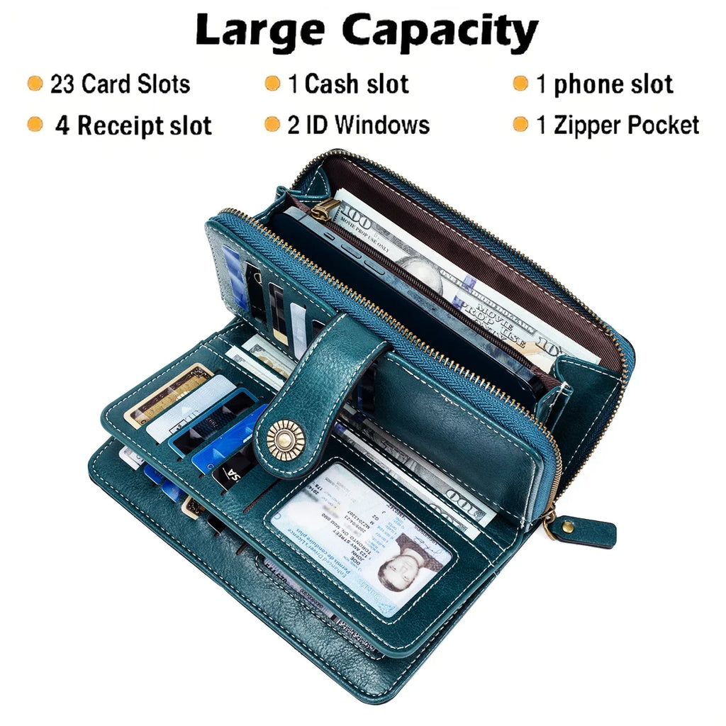 Rfid Anti-Theft Wallet for Men and Women, European and American Retro Leather Long Wallet Clutch, Oil-Waxed Leather Hollow-Out Multi-Card Slot Wallet, Large Capacity Zipper 70% off Clutch Bag, Card Holder Coin Purse Wallet Ha