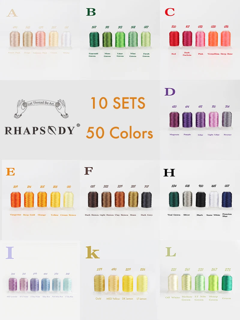 Rhapsody 40WT Polyester Embroidery Machine Thread 550Y 60 Colors Brother Babylock Janome Singer Pfaff Husqvarna Bernina Sewing