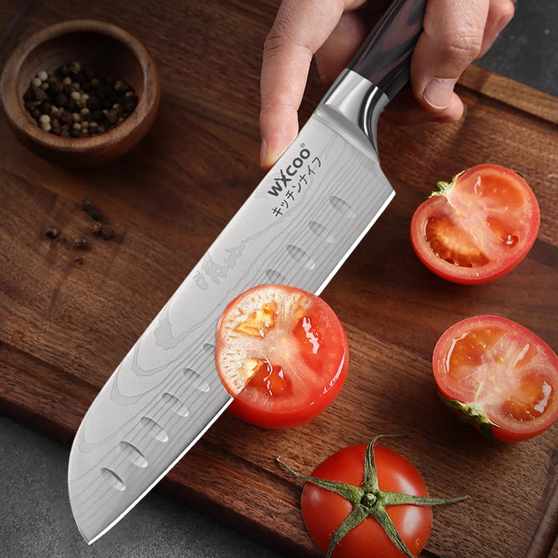 WXCOO Japanese Knife Set with Knife Bag Kitchen Knives Damascus Laser Fish Fillet Meat Cleaver Fruit Peeler Santoku Cutter