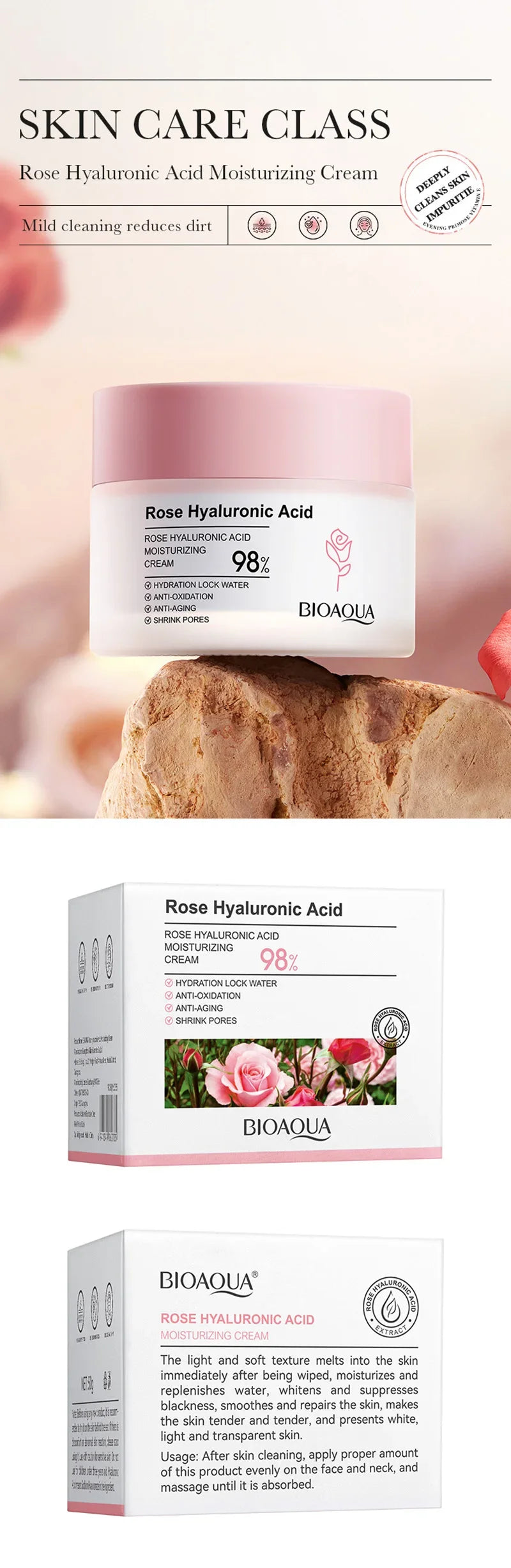 BIOAOUA Hyaluronic Acid Rose Essence Cream Shrink Pores Anti-oxidation Lock Water Hydrating Moisturizing Face Cream Skin Care