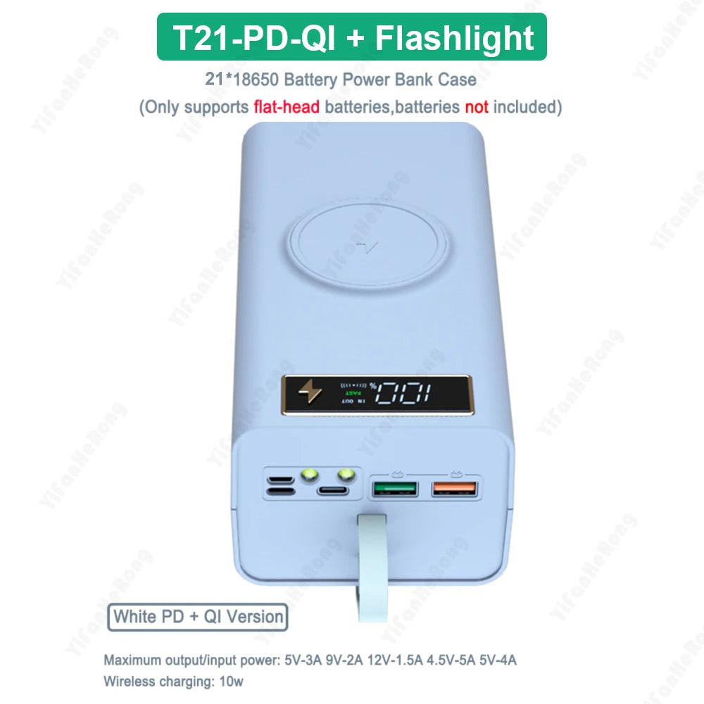 Dual USB 21*18650 Power Bank Battery Box Support Quick & Wireless Charger DIY Shell Case 18650 Battery Storage Box Holder