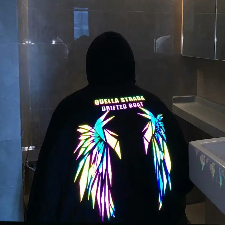 Reflective Male Hoodie Hip Hop Overfit New in No Brand Y2k Vintage Novelty and Simple 90s Tops Fleeced Men's Hooded Sweatshirt