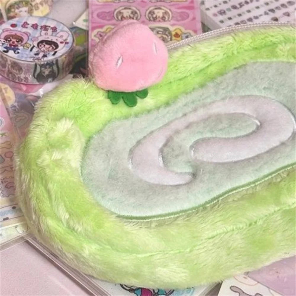 INS Melon Swiss Roll Green Plush Pencil Case Bag Creative Stationery Storage Bags Large Capacity Desk Organizer for Students