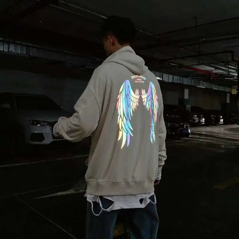 Reflective Male Hoodie Hip Hop Overfit New in No Brand Y2k Vintage Novelty and Simple 90s Tops Fleeced Men's Hooded Sweatshirt
