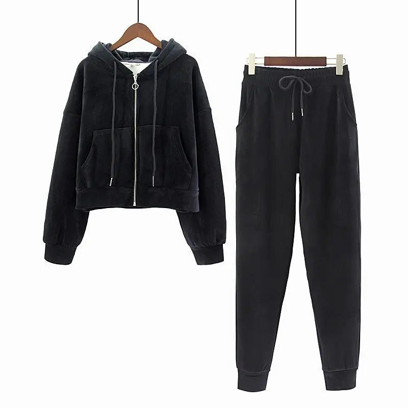Thickened Gold Velvet Long Sleeved Hooded Sweatshirt with Lace Up Leg Ties Two Elegant Women's Pants Set Tracksuits