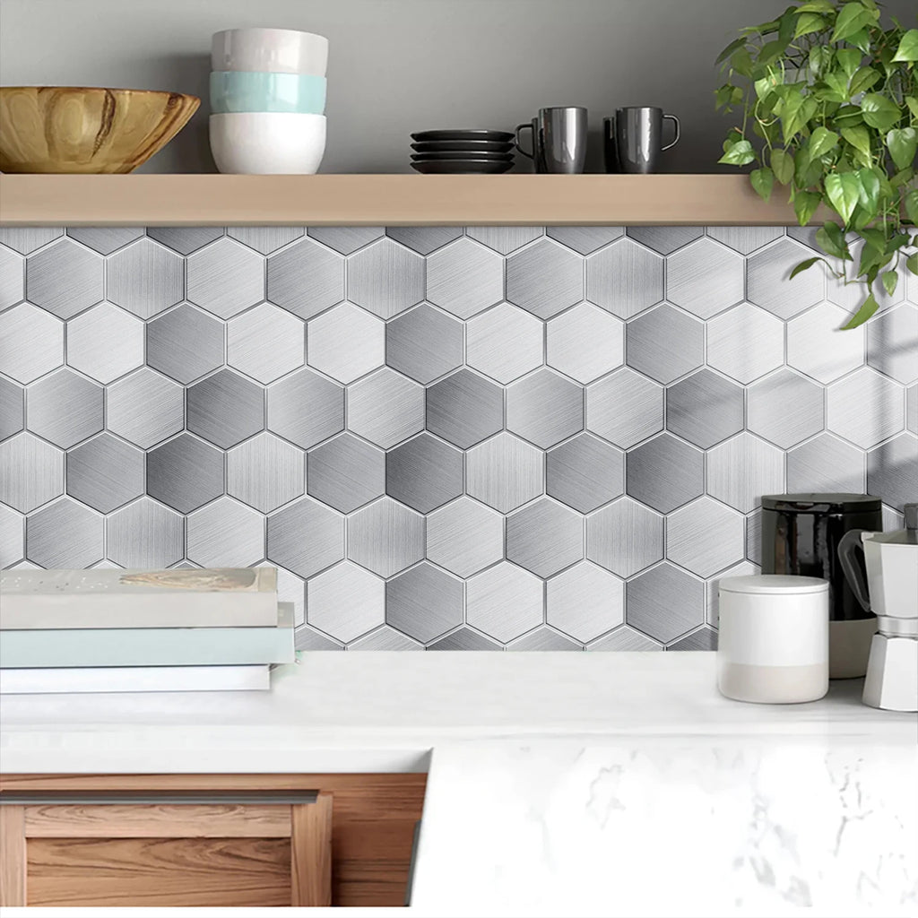 5 Styles Flat Hexagon Marble Embossing Tile Wall Stickers Oil-Proof Kitchen & Bathroom Washbasin Glossy Surface Decorative Mural