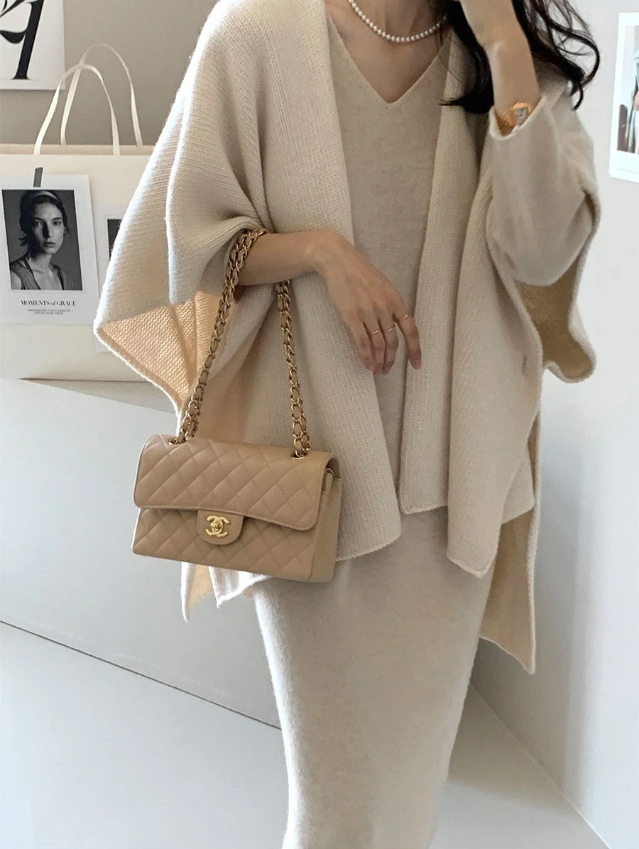 Fashion Elegant Knitted Shawl Jacket Korean Style Women's Casual Loose Warm Cloak Top Solid Color Knitted Cardigan Sweater Coats