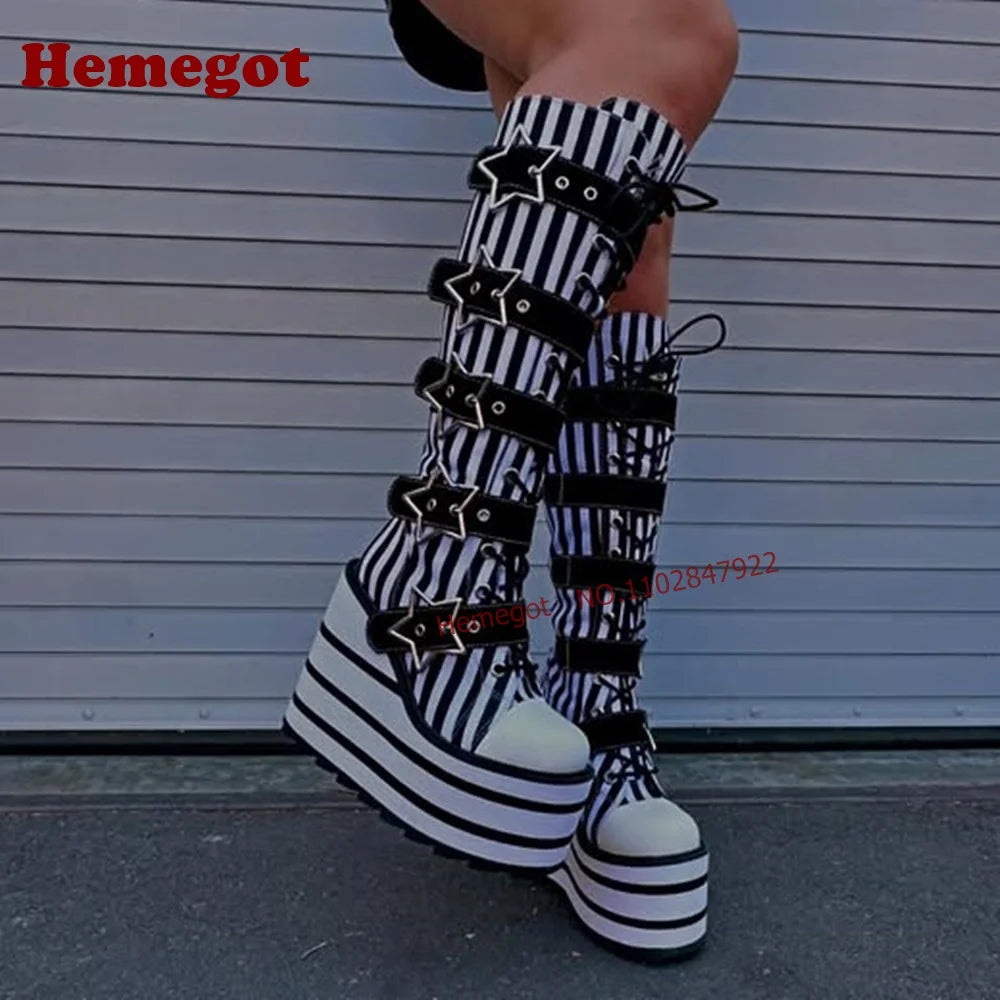 Black White Vertical Stripe Knee High Platform Boots Star Buckle