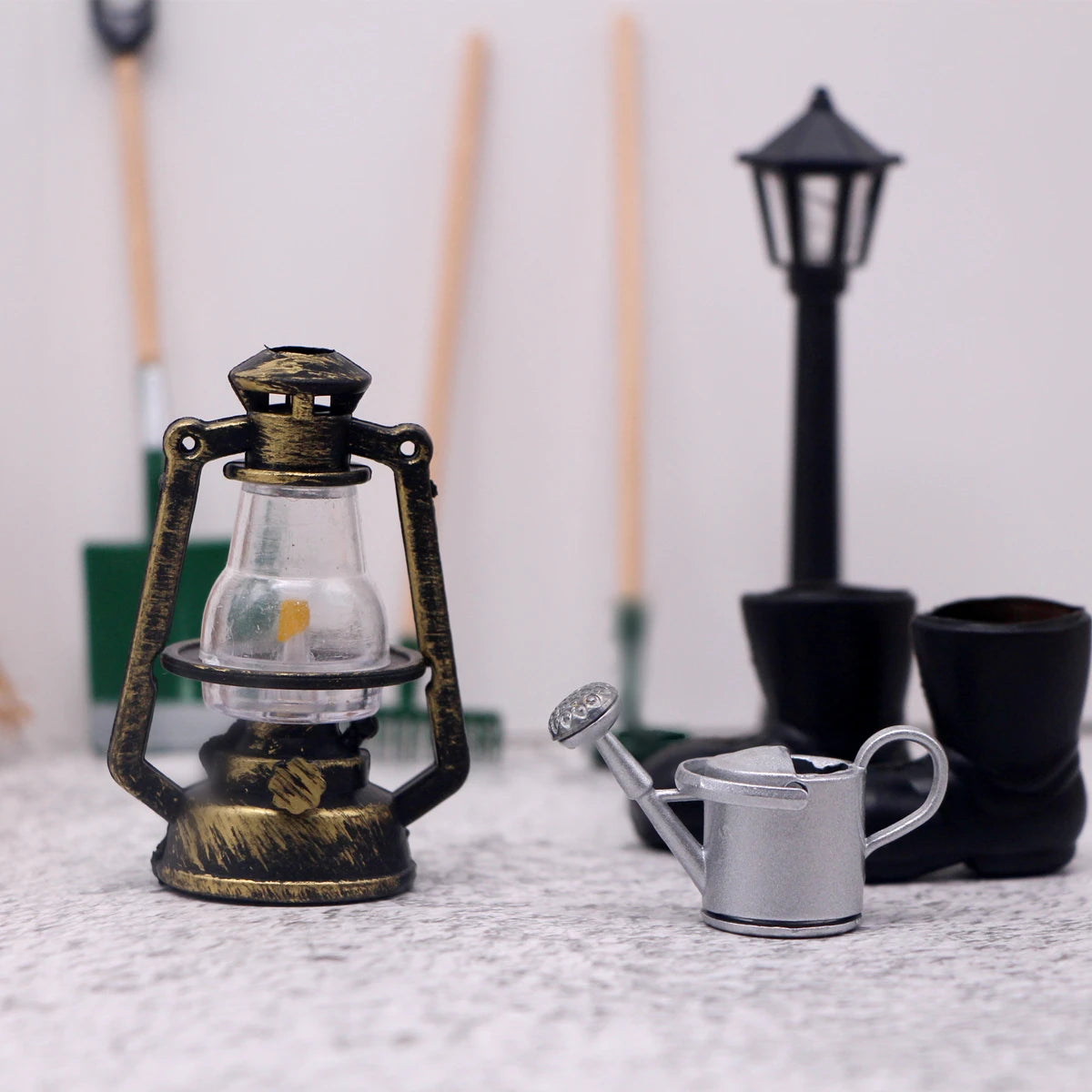 8PCS Miniature Dollhouse Fairy Garden Tools Mini Furniture Broom Kettle Street Lamp Rubber Boots Spade Pestle Rake Ornament Deco