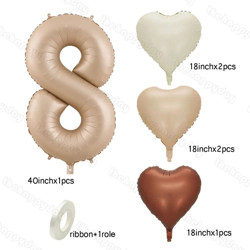 10/5/1Pc Brown Beige Cream 18inch Heart Balloons Cream Number Balloons 1 2 3 4 5 6 Birthday Number Foil Balloon Helium Air Globo