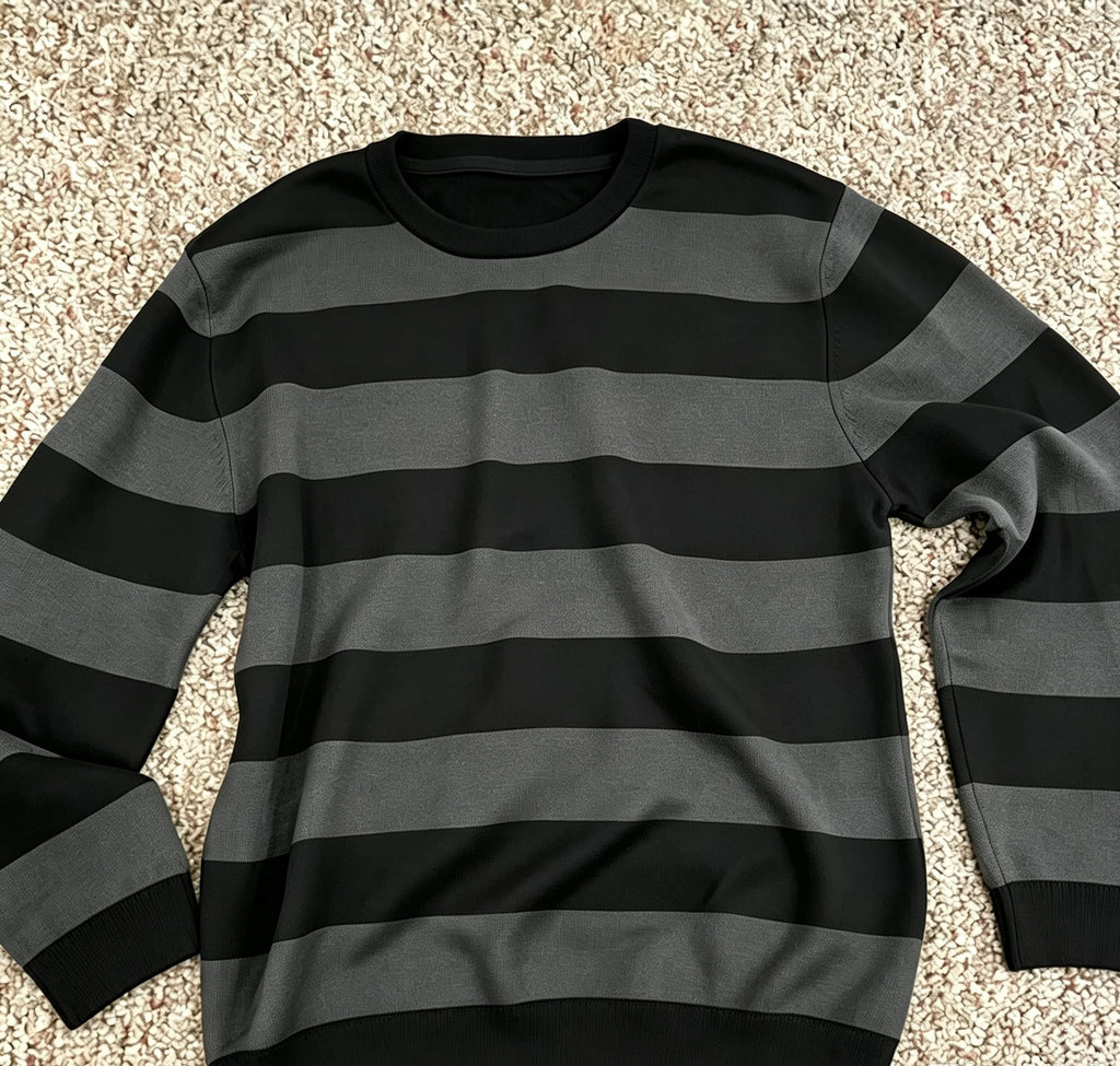 Unisex Black Neckline Black Grey Stripe Polyester Long Sleeve