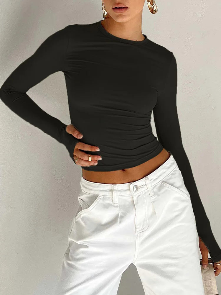 Fashion Women T-shirt Long Sleeve Crew Neck Solid Slim