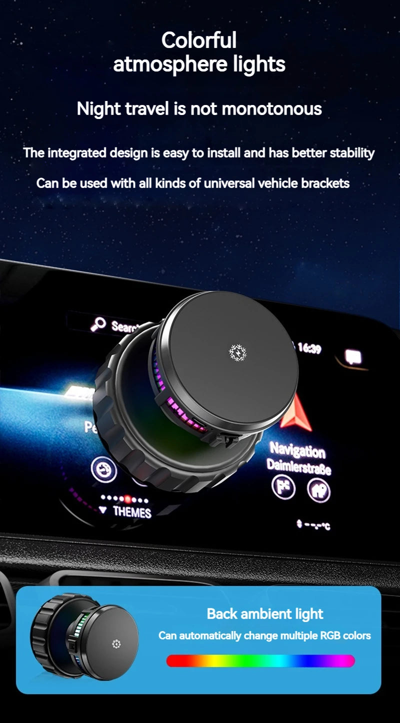 15W Car Magnetic Wireless Charger Phone Stand, Suction Cup with Semiconductor Cooling & Colorful Ambient Lights, 360° Rotatable