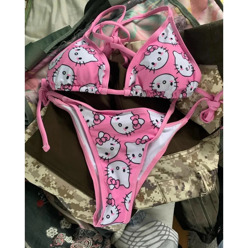 Hello Kitty Bikini Set Summer Beach Soft Side Strappy Panties Swimsuit Cute Cozy Y2K Style