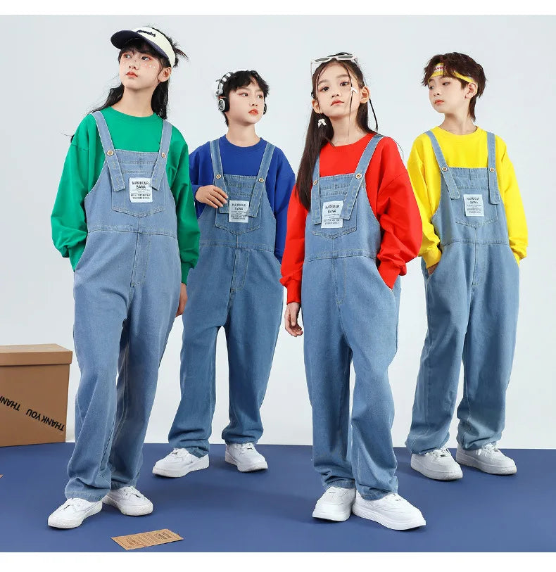 Boys Hip Hop Solid Sweatshirt Denim Loose Overalls Girls Crop Top Kids Dungaree Child Jumpsuit Street Dance Romper Streetwear