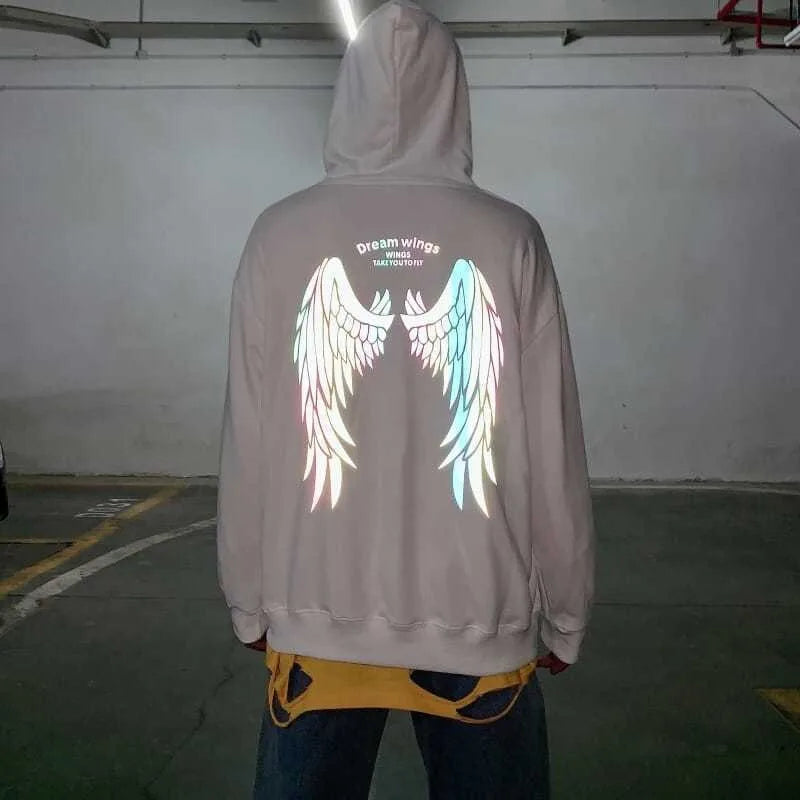 Reflective Male Hoodie Hip Hop Overfit New in No Brand Y2k Vintage Novelty and Simple 90s Tops Fleeced Men's Hooded Sweatshirt