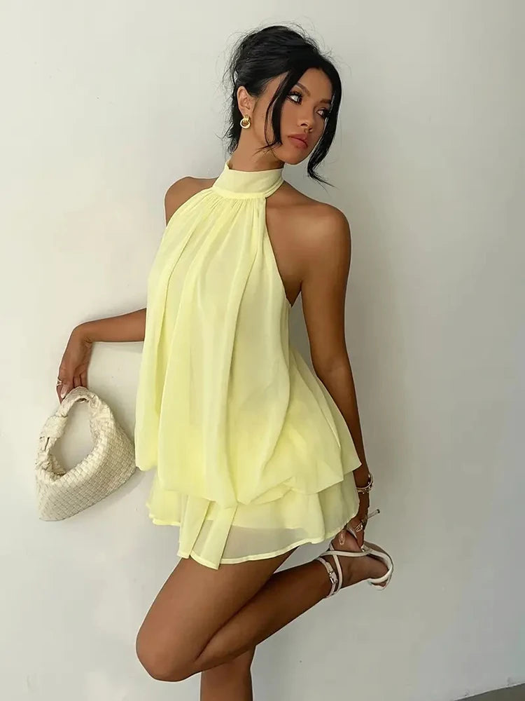 Women Halter Neck Backless Tie Mini Dress Summer Sleeveless