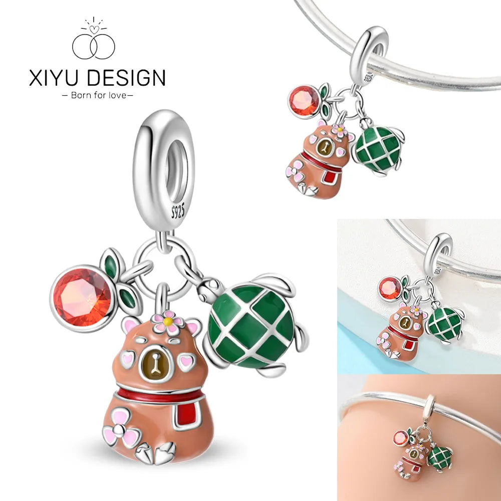 Cute Pet Series Capybara Couples Charms Eat Fruit Beads Fit DIY 925 Silver Bracelet Necklace Women Anniversary Jewelry Gift