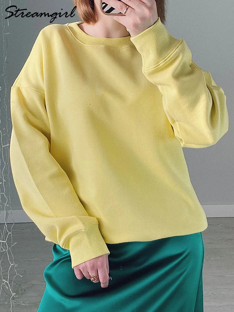 Streamgirl Cotton Basic Sweatshirt Women Oversized Yellow Pullovers Loose Casual Tops Spring Colorful Sweatshirts Women Pink