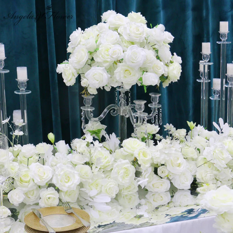 White Wedding Backdrop Decor Rose Floor Flower Runner Event Table Centerpieces Ball Pink Floral Strip Arrangement Party Props