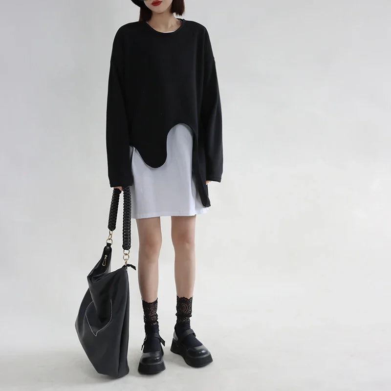 SuperAen Spring Summer 2023 New Sweatshirt Women's New Design Irregular Loose Long Sleeves Round Neck Layered Top