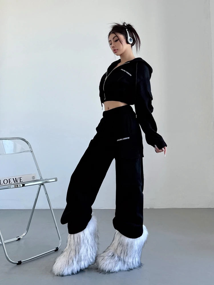WOMENGAGA Short Zipper Sweatshirt Large Pocket Wide Leg Pants Two Piece Casual Plush Set For Winter Women Fashion Sweet 2PTB