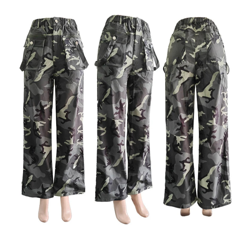 Camouflage Printed Cargo Pants for Women Y2K Vintage Buttons