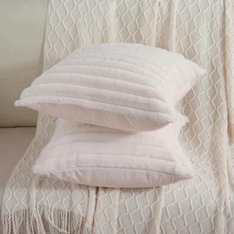 Artificial Rabbit Fur Square Cushion Cover Simple Stripe Super Soft Pillowcase 45x45 Cm Sofa Decorative Cushion Cover