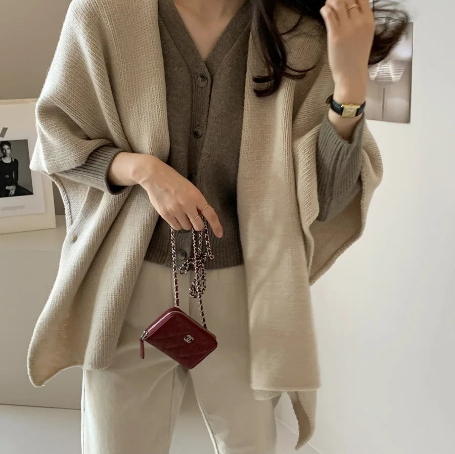 Korean Style Knitted Shawl Jacket Women's Casual Warm Knitted Cardigan Cloak Elegant Solid Color Women's Knitted Cardigan