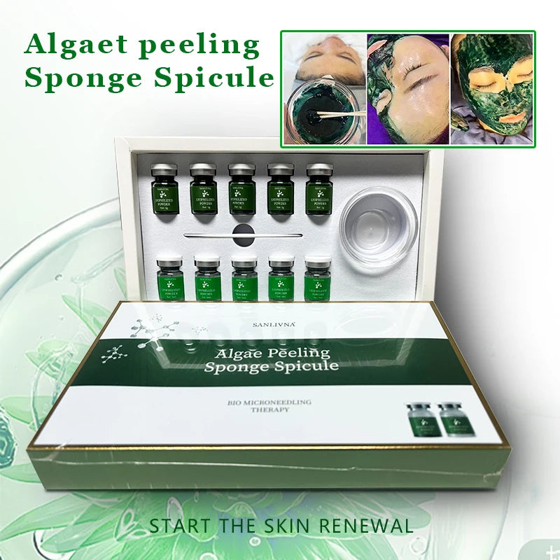 10 Vials Algae Peeling Powder DIY Facial Mask Sponge Spicules Natural Seaweed Skin Care Repair Acne Clean Pores 5 Pairs