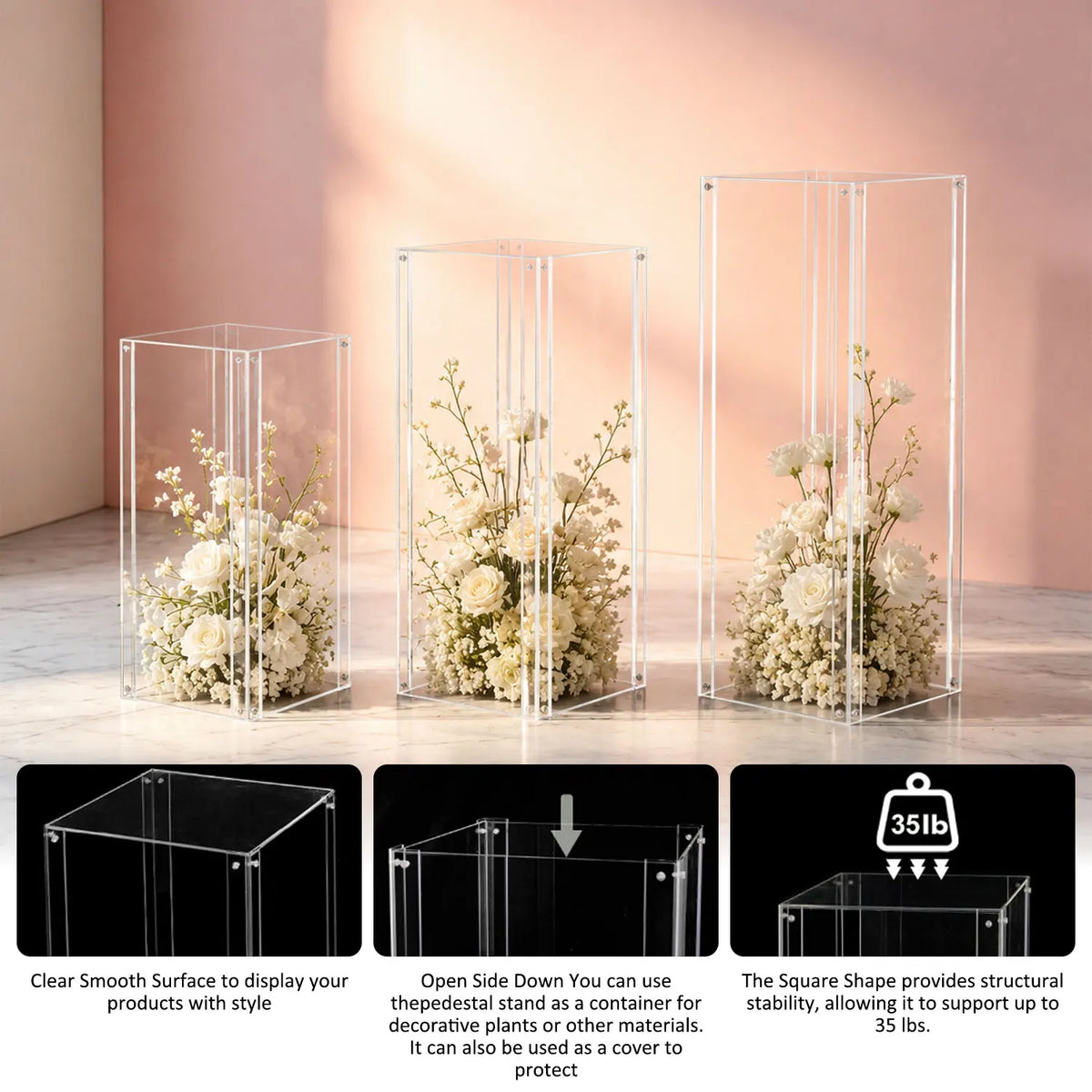 Clear Acrylic Pedestal Display Stands, 3 Pack